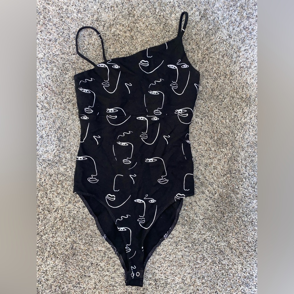 Forever 21 Black One-Shoulder Bodysuit with White Abstract Design